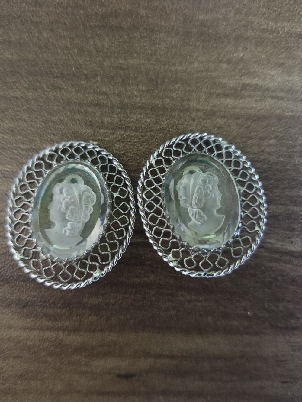 Vintage Cameo Whiting and Davis Mesh Earrings Clip Etched glass